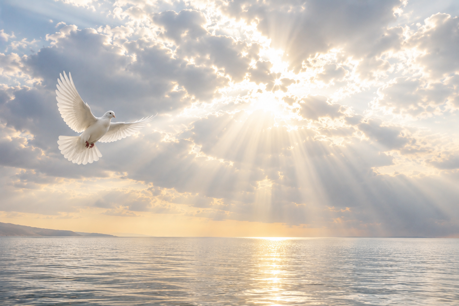 A white dove flying over calm water beneath sunlit clouds