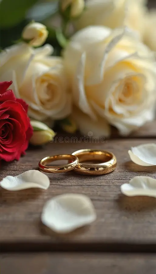 Two wedding rings resting among soft cream and deep red roses